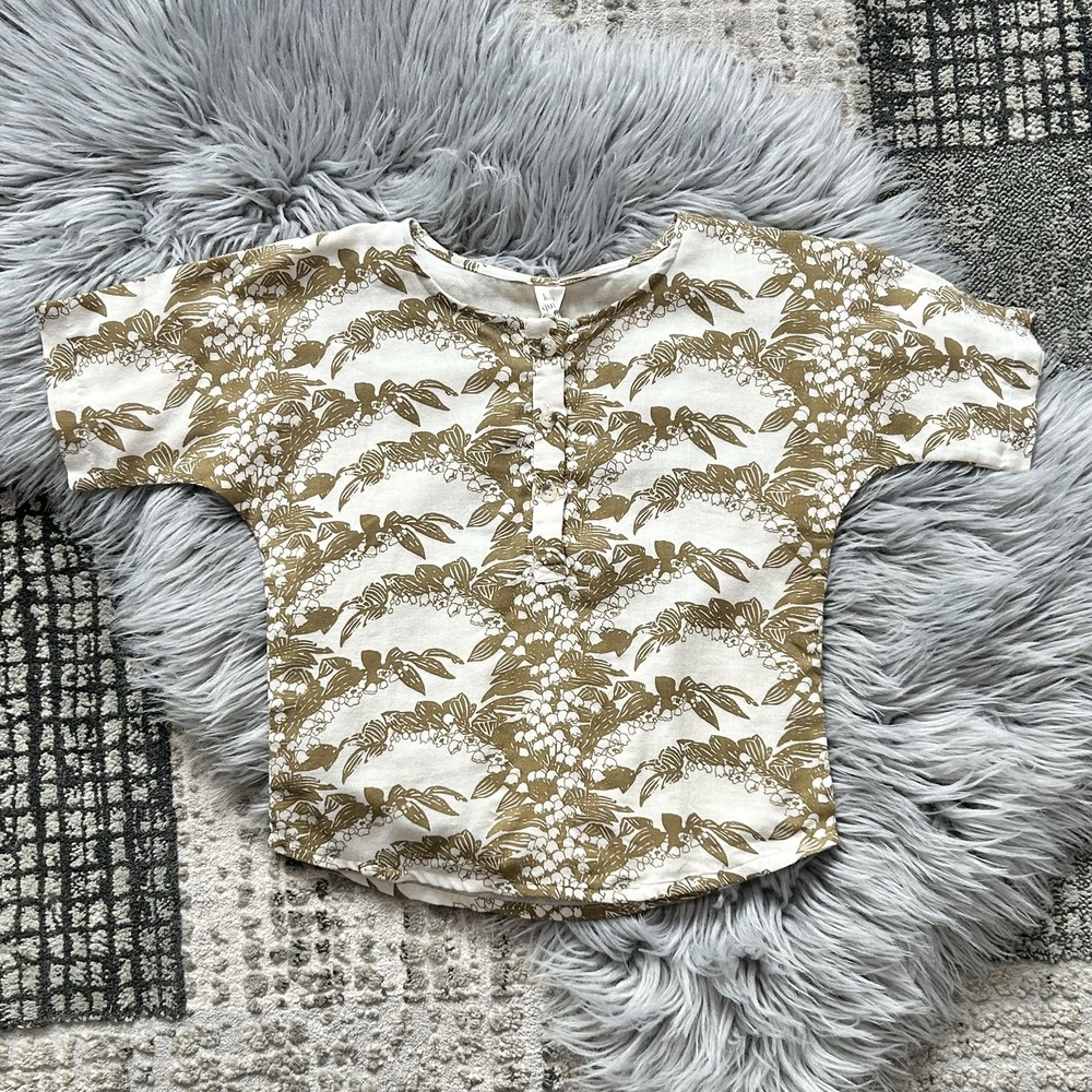 Kate Quinn Girls Short Sleeve Oversized Boxy Henley Top In Fennel Lily Size 5Y